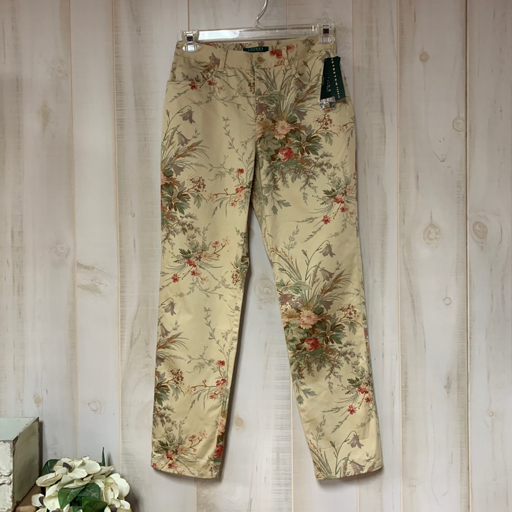 VTG 90s Ralph Lauren Tan Floral Pants High Waisted